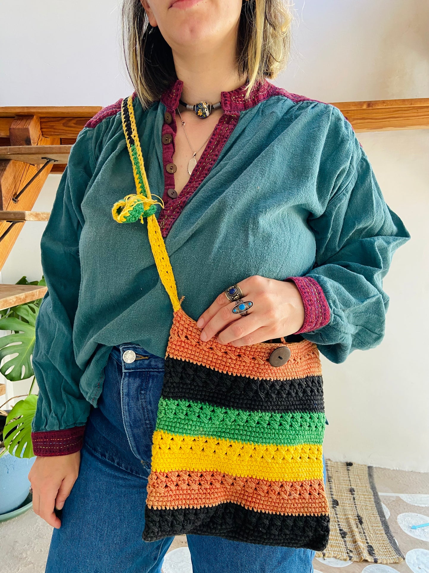 VINTAGE 90's Stripe Crochet Shoulder Bag - ONE SIZE