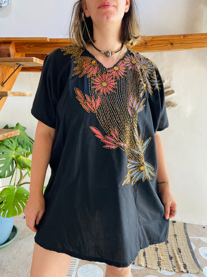 VINTAGE 80's Black Cotton Floral Beaded Mini Dress - M/L