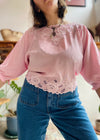 VINTAGE 80’s Pink Embroidered Cropped Loose Top - S/M