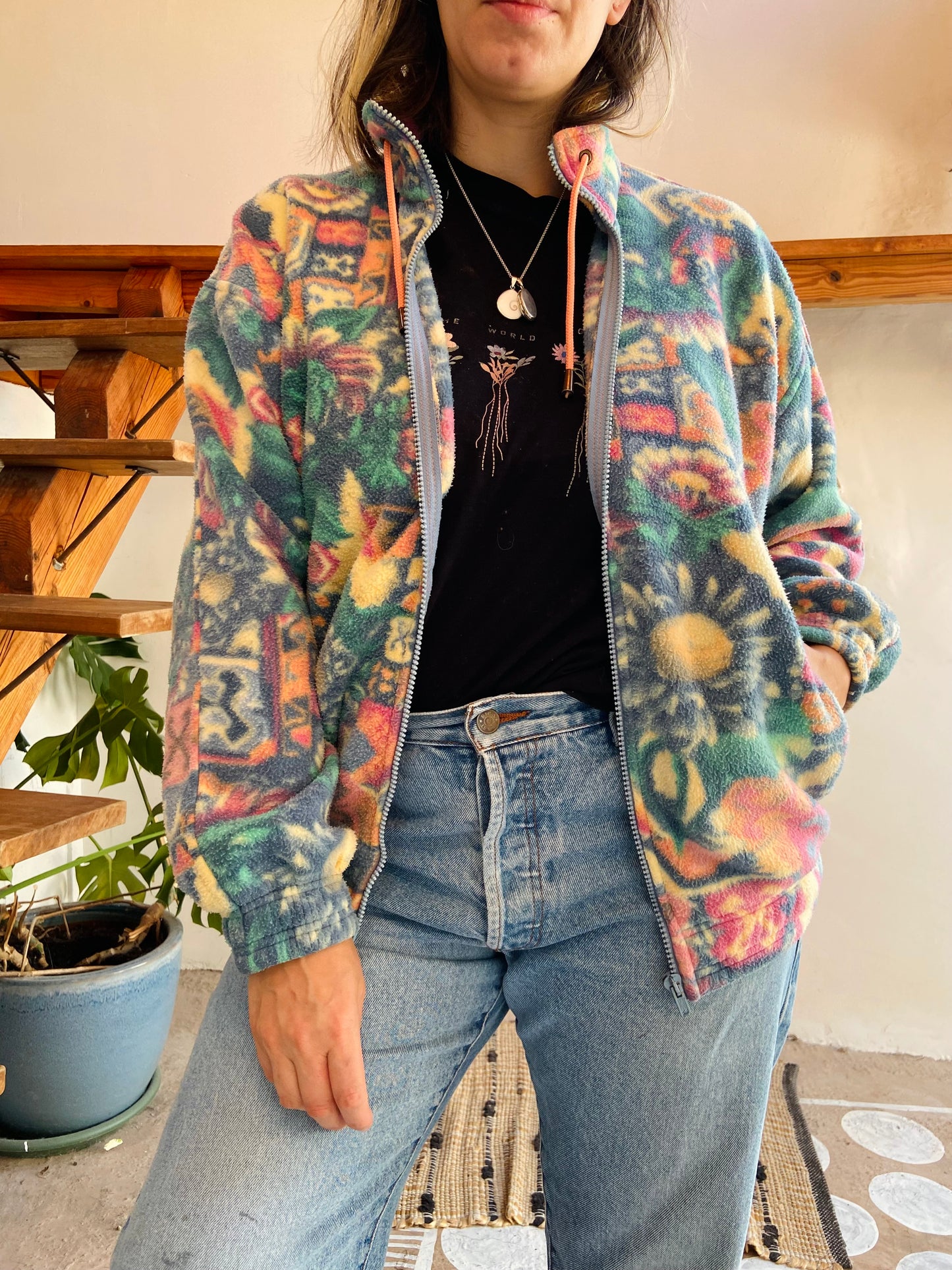 VINTAGE 90's Pastel Floral Zip Up Fleece - S/M