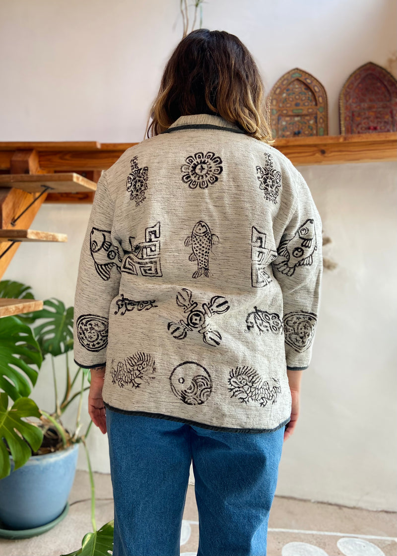 VINTAGE Bohemian Hippie Grey Printed Jacket - M