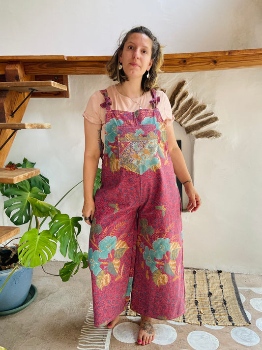 DESERT FOX Red Bohemian Floral Print Wide Leg Dungarees - M/L