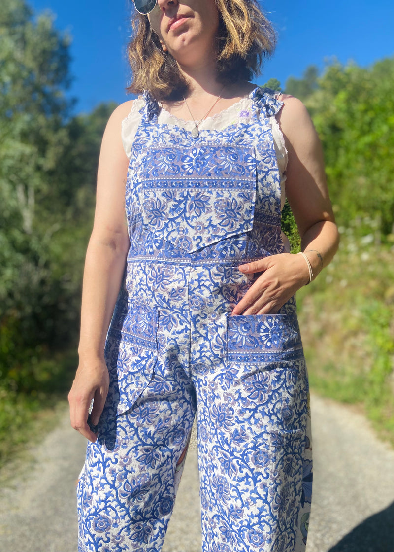 DESERT FOX Bohemian Blue Print Long Length Dungarees Jumpsuit - UK SIZE - 10-12