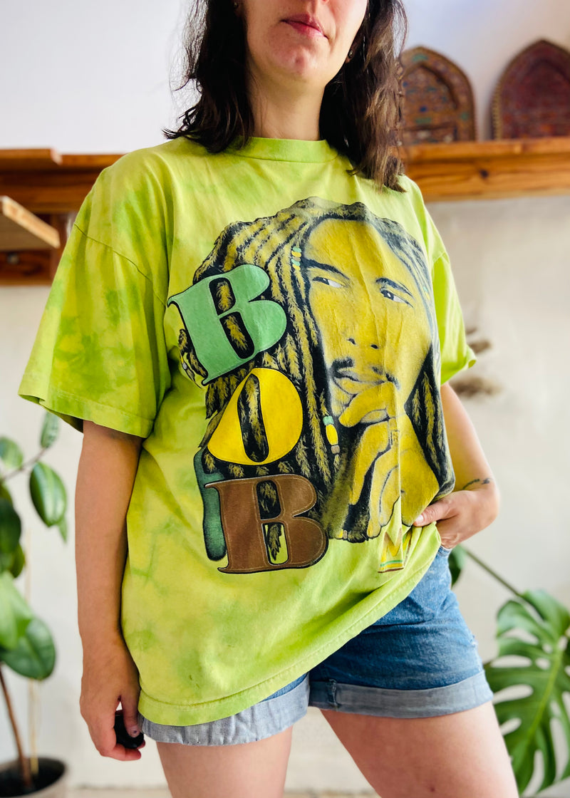 VINTAGE 90's Bob Marley Green Tie Dye Reggae T-Shirt - L