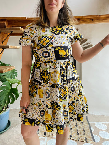 VINTAGE 70's Lemon Patchwork Print Cotton Sun Dress - S