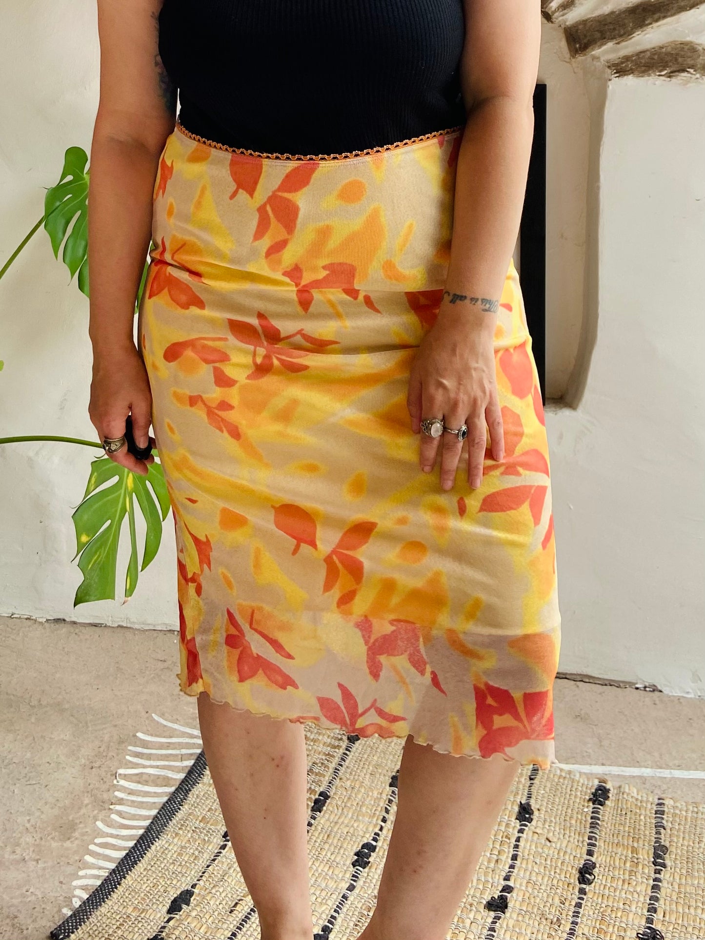VINTAGE 90's Orange & Yellow Tube Midi Skirt - M