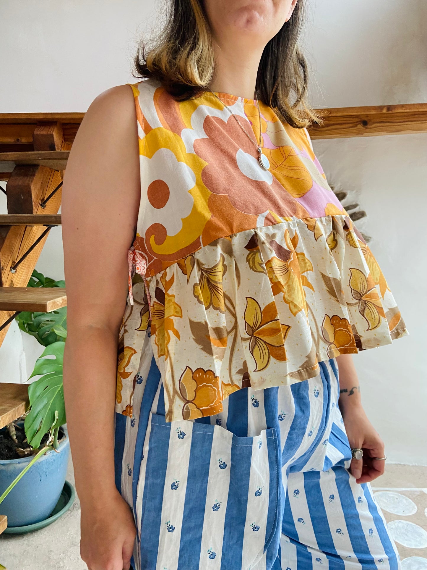 DESERT FOX Penelope Patchwork 70's Floral Print Side Tie Top - M/L