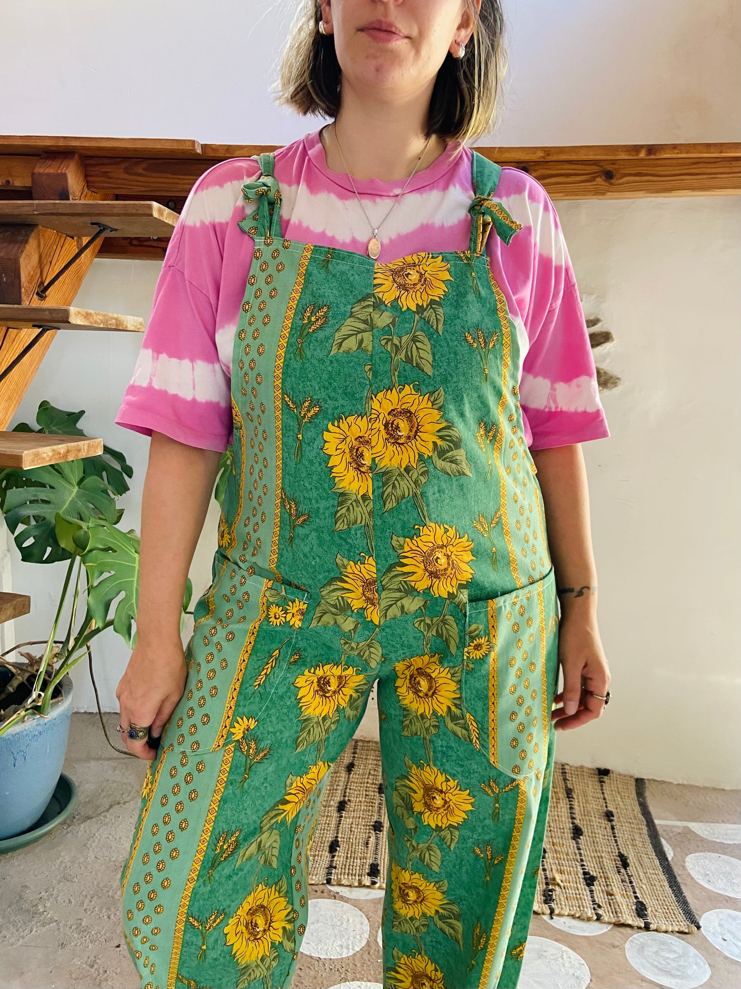DESERT FOX Green Sunflower Provencal Print Long Length Dungarees - M/L