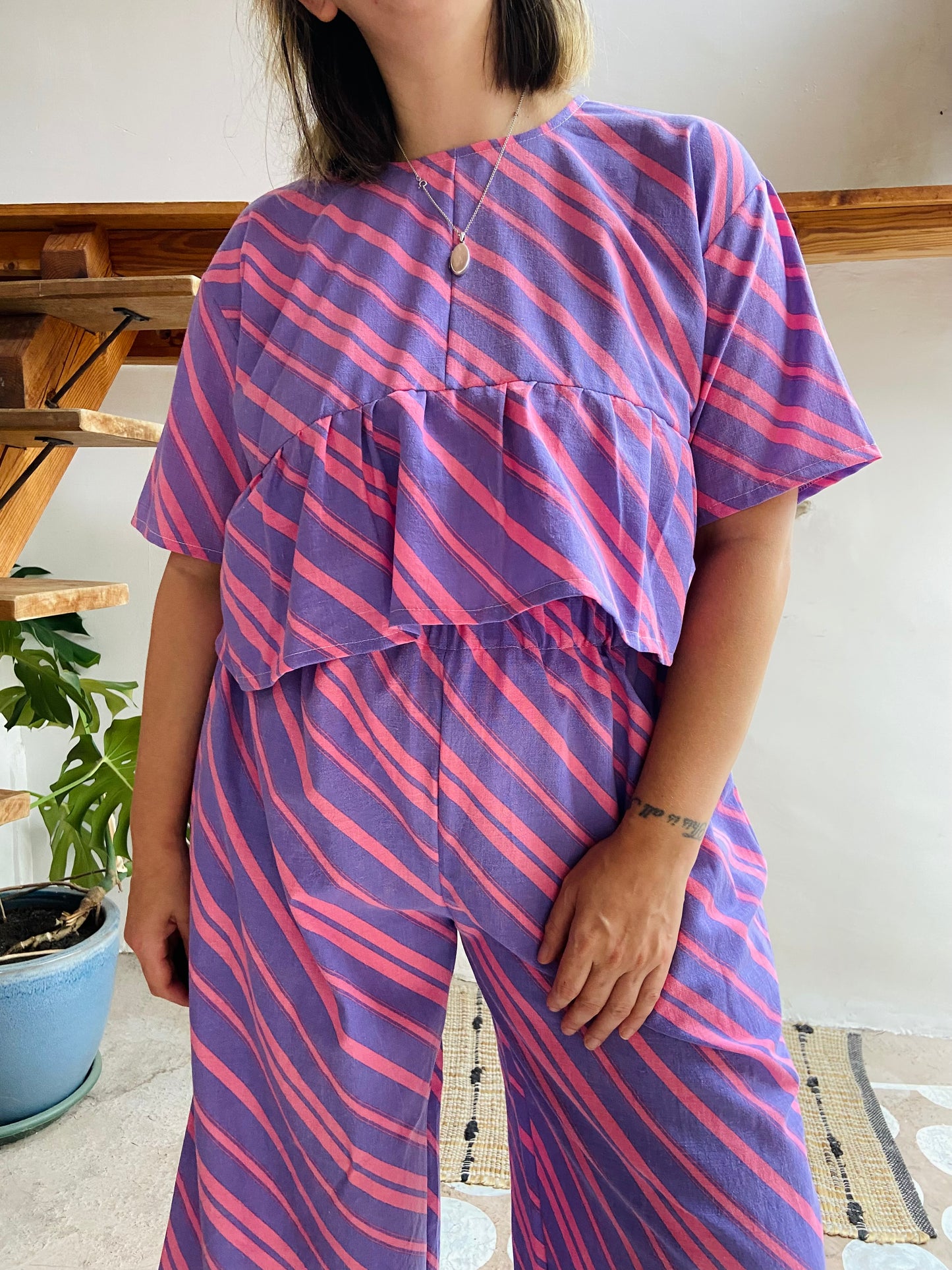 DESERT FOX Purple Chevron Stripe Peplum Cropped Top - M/L