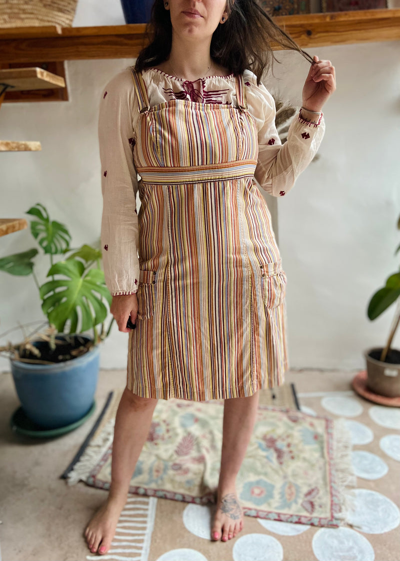 VINTAGE 90's Rainbow Stripe Dungaree Dress - M