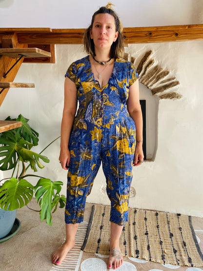 VINTAGE 80's Floral Bohemian Pattern Jumpsuit - S