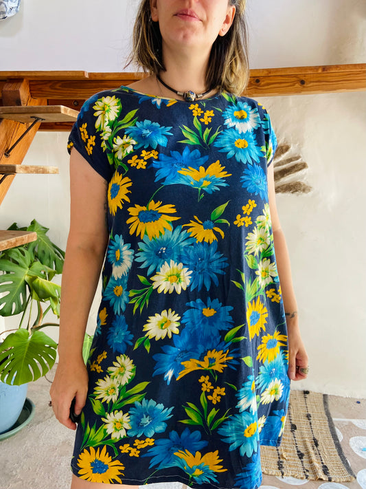 VINTAGE 90's Blue & Green Floral Loose Mini Dress - L