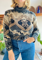 VINTAGE 90's Grey Bohemian Patterned Roll Neck Jumper - S