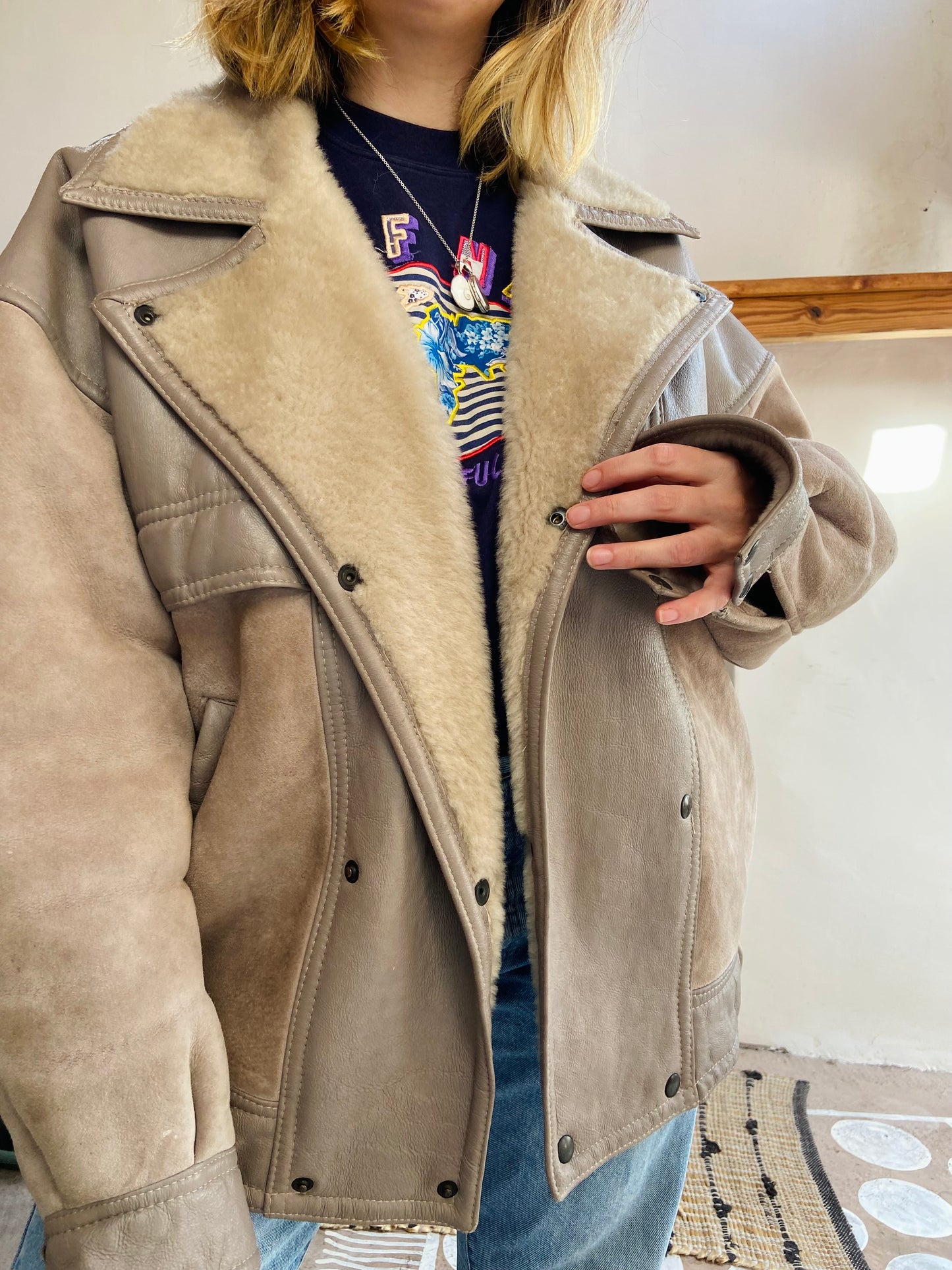 VINTAGE 80’s Sheepskin Grey Oversized Suede Coat Jacket - L/XL