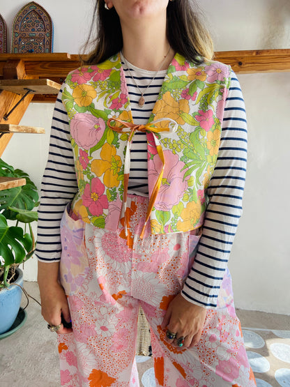 DESERT FOX 70's Orange & Pink Floral Reversible Waistcoat - S/M