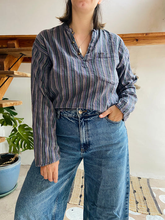 VINTAGE Hippie Blue Stripe Bohemian Long Sleeve Tunic Top - M/L