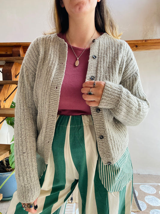 VINTAGE 70's Mint Green Knit Long Sleeve Cardigan - M