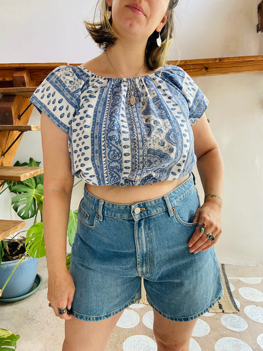 VINTAGE 90’s Provençal Blue Printed Off The Shoulder Top - M/L