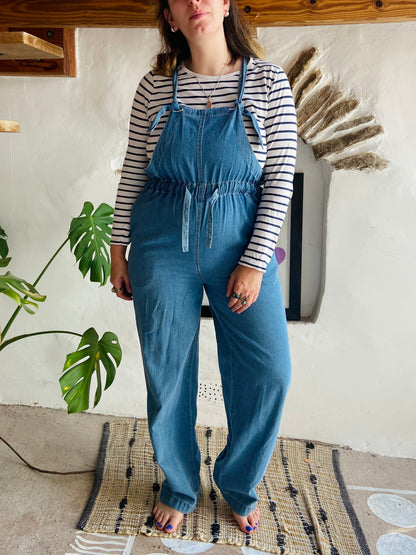 VINTAGE 90's Blue Cotton Wide Leg Jumpsuit - S