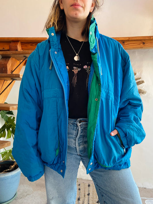 VINTAGE 80's Retro Blue & Green Raincoat Funky - L/XL