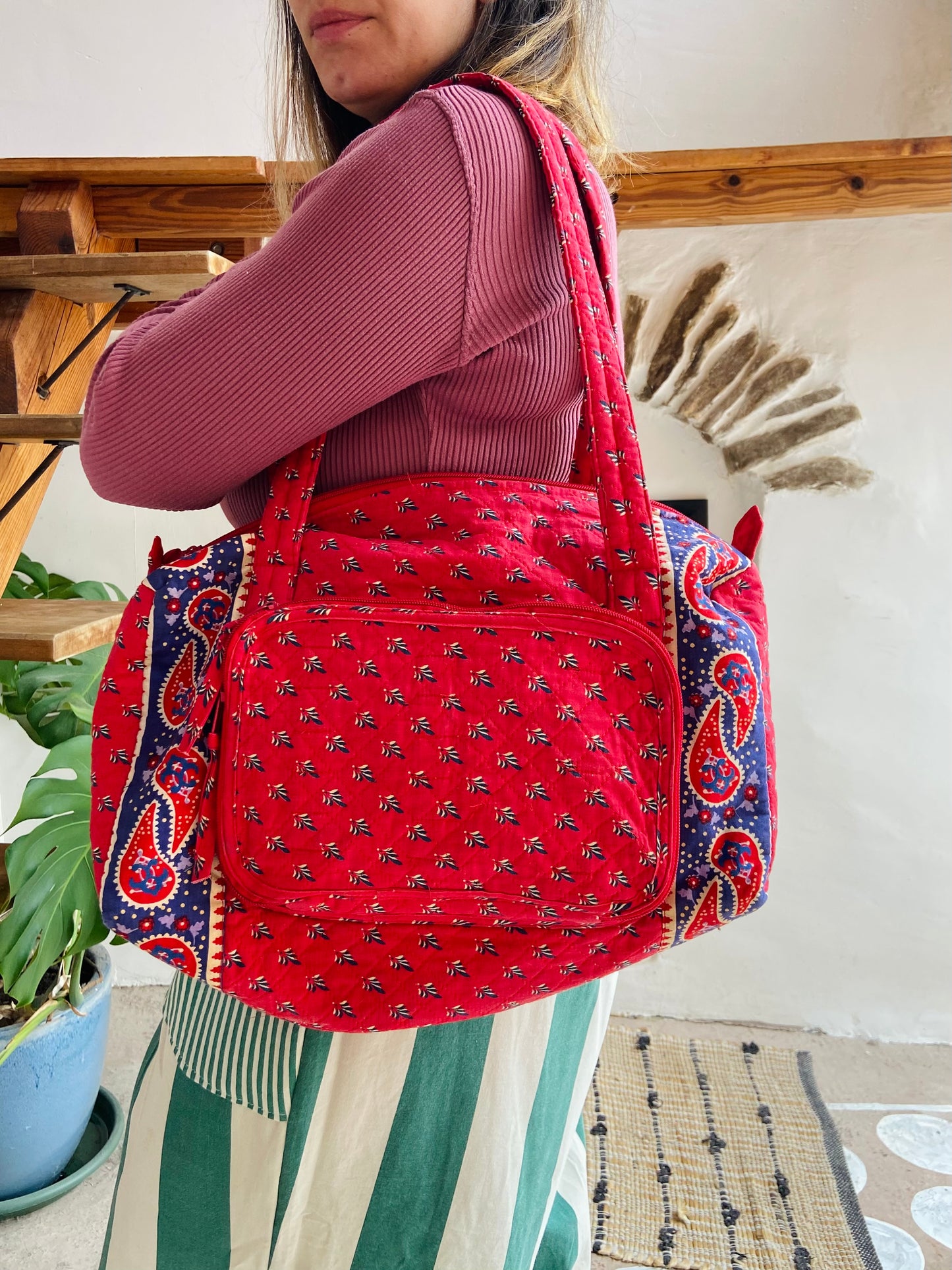 VINTAGE Red Provencal Pattern Shoulder Bag - ONE SIZE