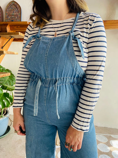 VINTAGE 90's Blue Cotton Wide Leg Jumpsuit - S