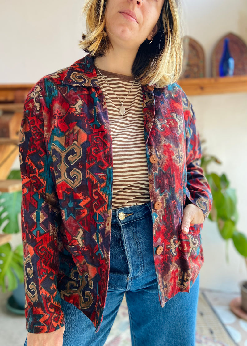 VINTAGE 70's Bohemian Pattern Loose Lightweight Jacket - S/M