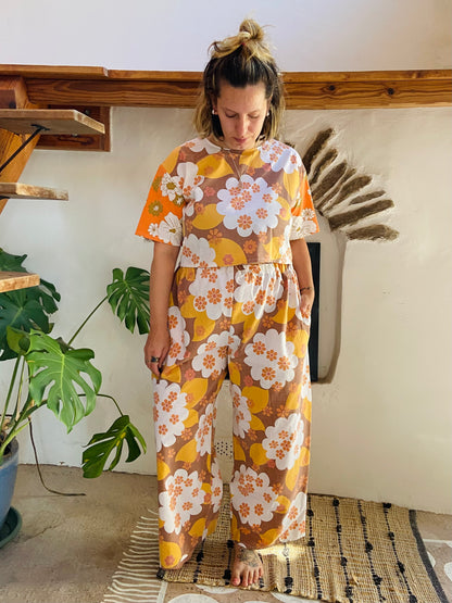 DESERT FOX 70’s Orange Floral Co-Ord Trousers & Top Set - M/L