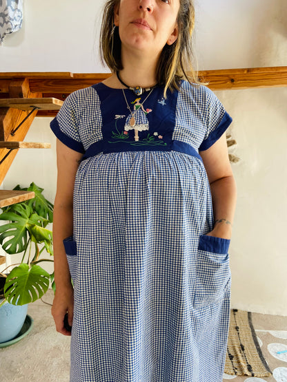 VINTAGE 70's Blue Embroidered Gingham Midi Dress - S/M