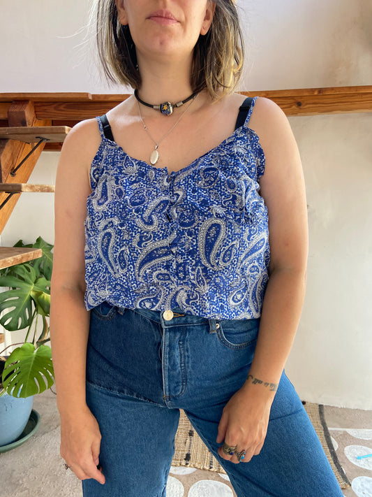 VINTAGE 90's Blue Paisley Bohemian Strappy Cami Top - S/M