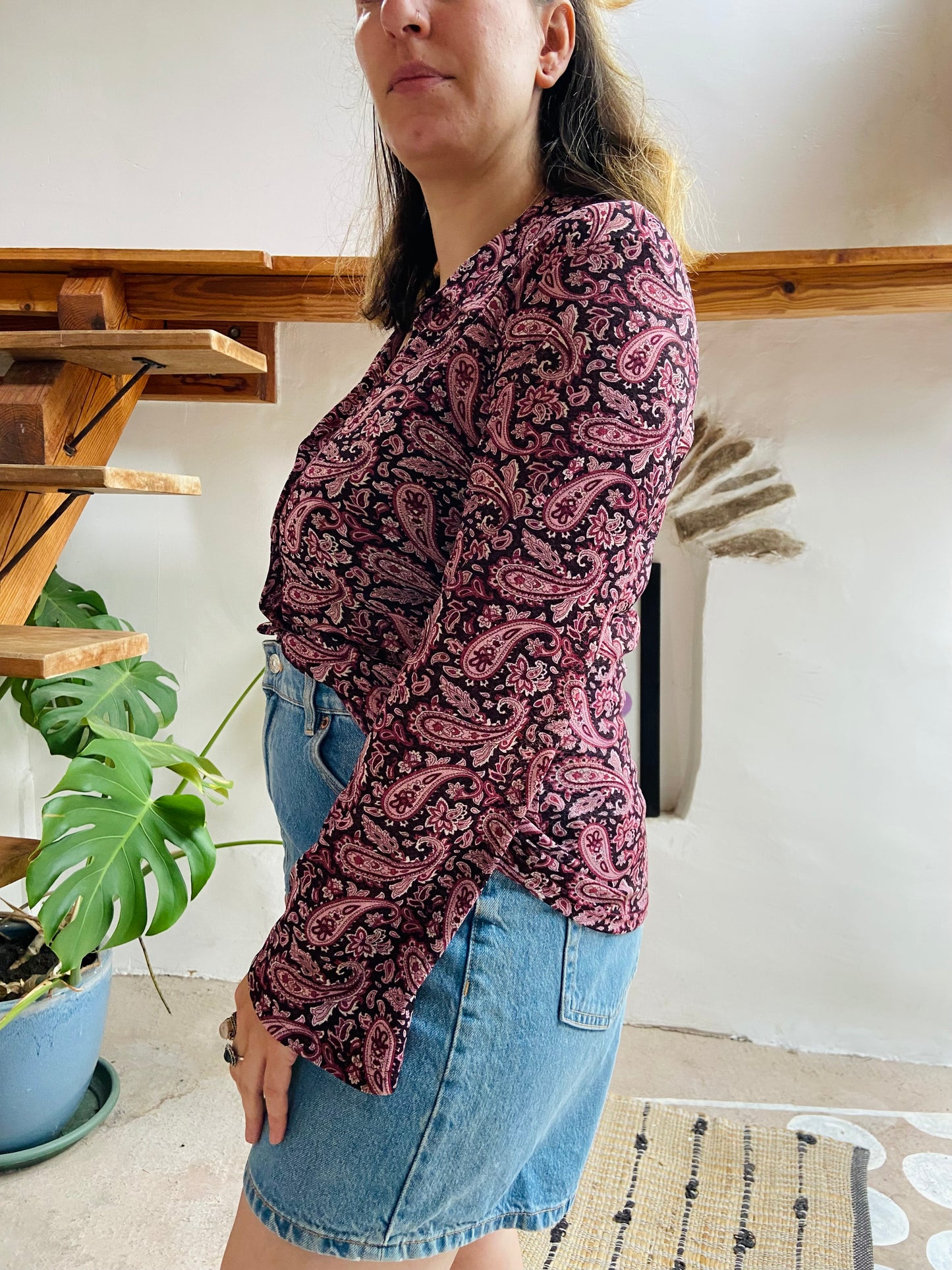 VINTAGE 90's Purple Paisley Long Sleeve Shirt - M