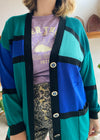 VINTAGE 80's Block Print Blue & Green Long Sleeve Cardigan - S/M