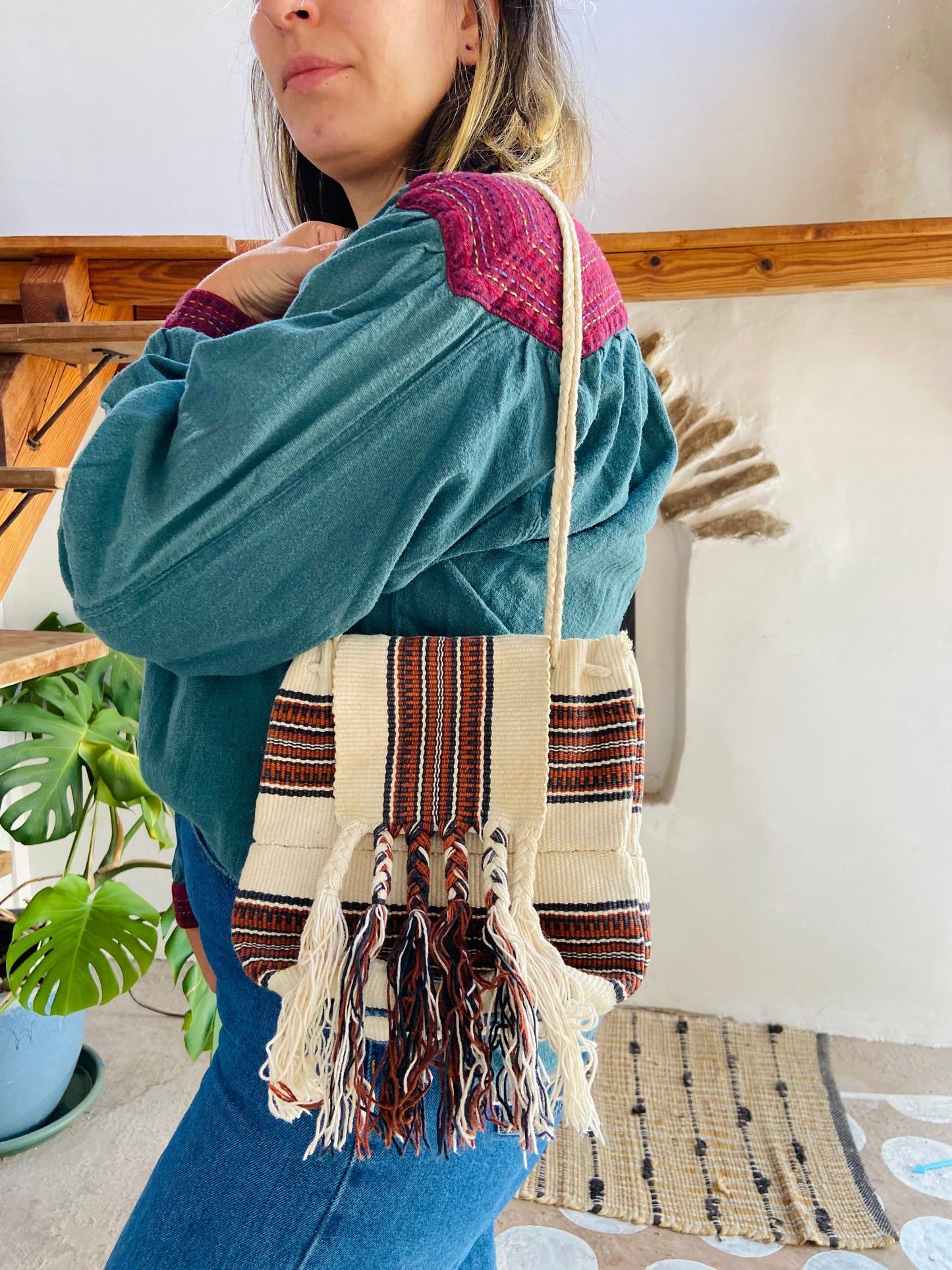 VINTAGE 90's Bohemian Fringe Cotton Shoulder Bag - ONE SIZE