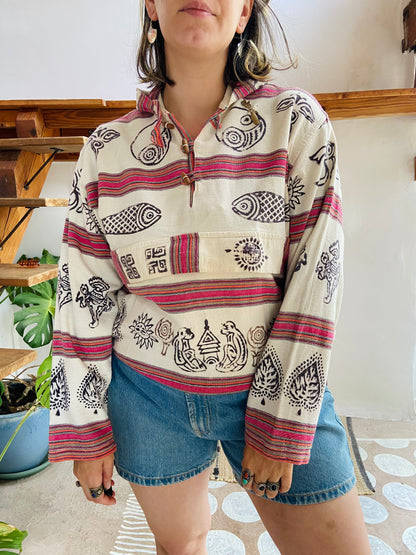 VINTAGE 90’s Hippie Stripe Peruvian Hooded Top - M