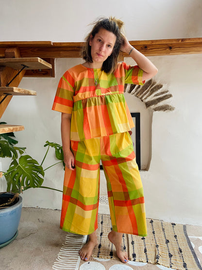 DESERT FOX Orange Checked Stripe Wide Leg Trousers - S/M