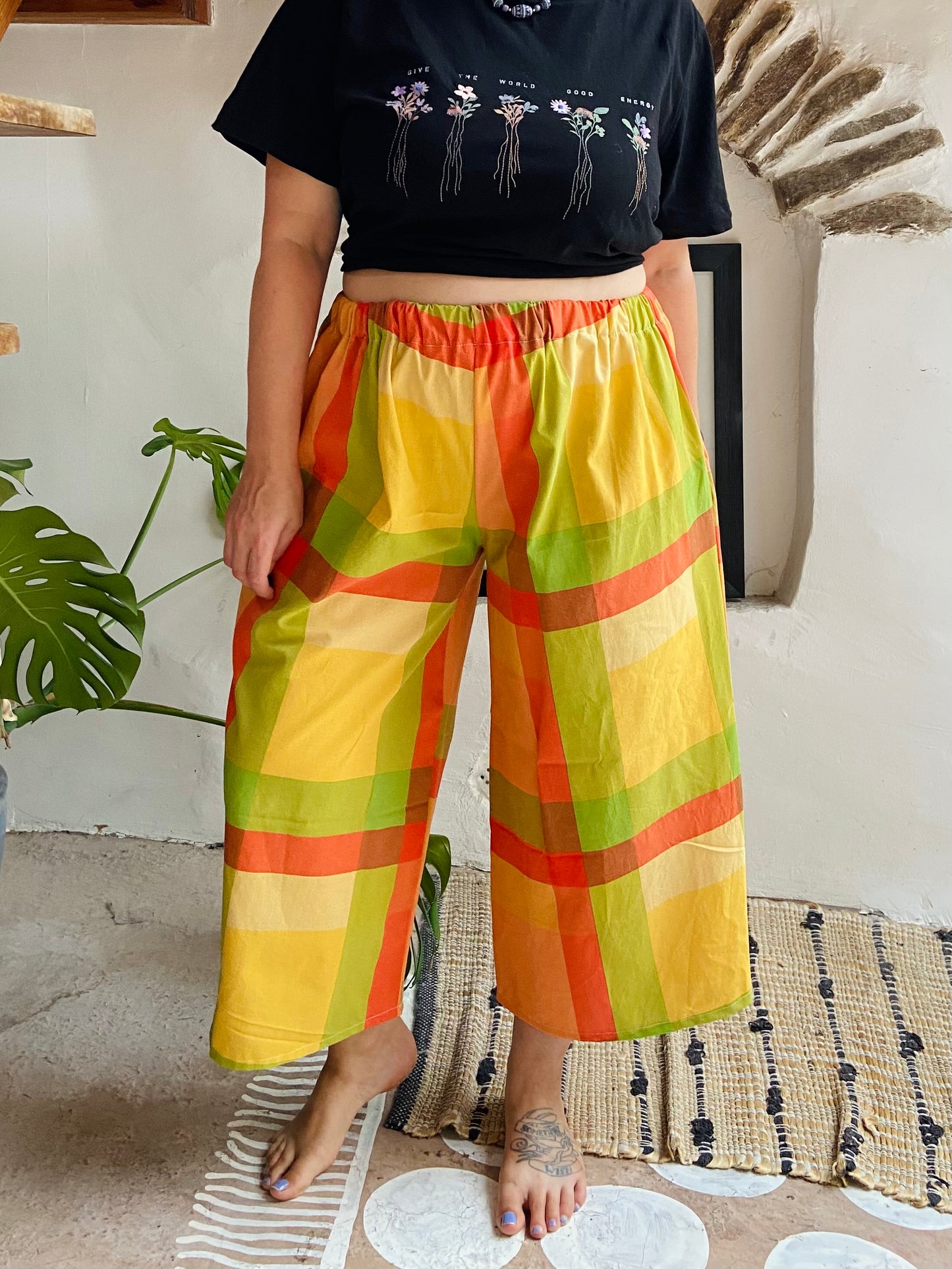 DESERT FOX Orange Checked Stripe Wide Leg Trousers - S/M