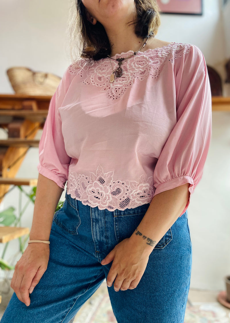 VINTAGE 80’s Pink Embroidered Cropped Loose Top - S/M