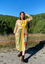 DESERT FOX Dahlia Midi Dress - 70's Orange Florals Tie Front - S/M