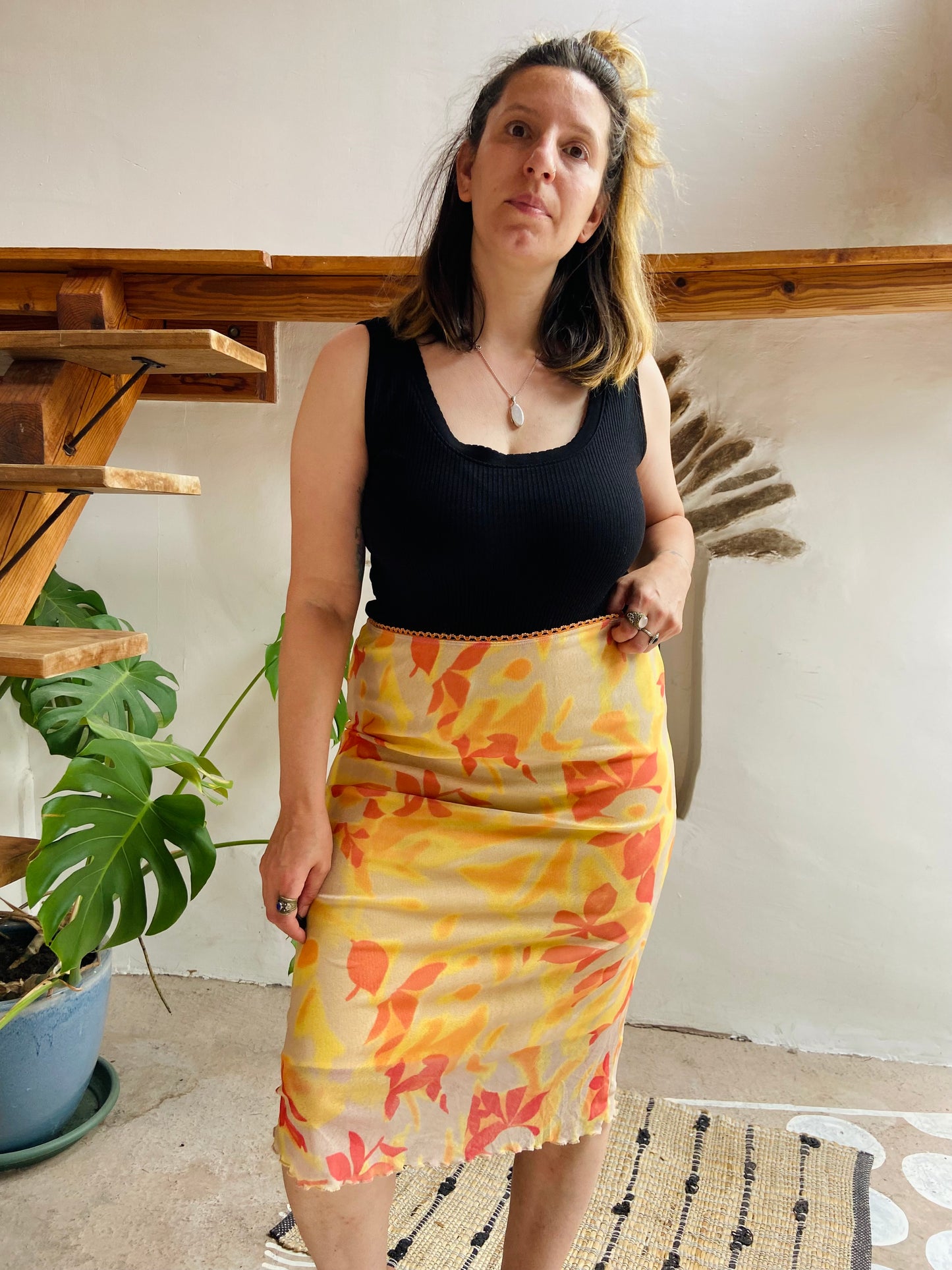 VINTAGE 90's Orange & Yellow Tube Midi Skirt - M