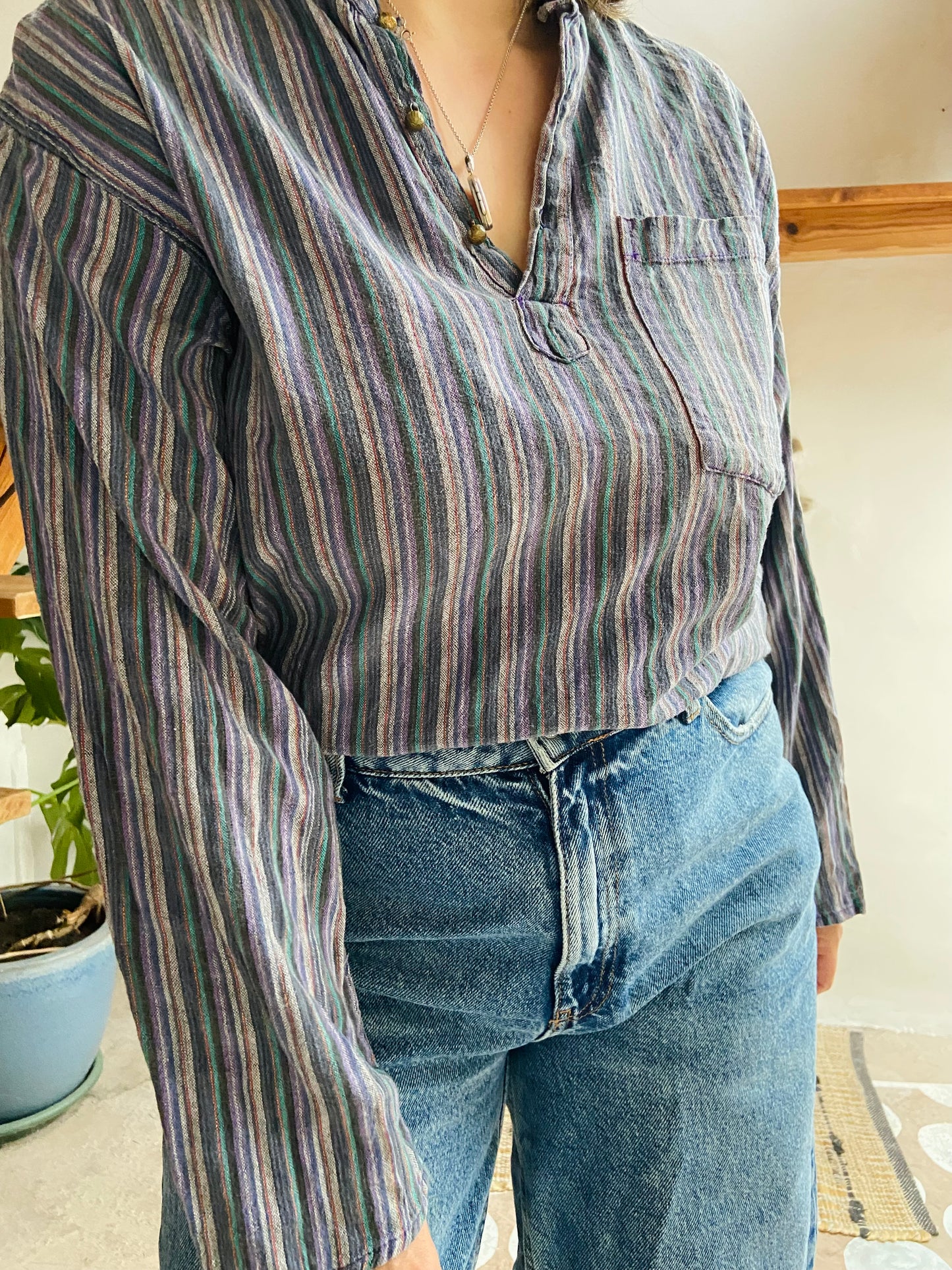 VINTAGE Hippie Blue Stripe Bohemian Long Sleeve Tunic Top - M/L