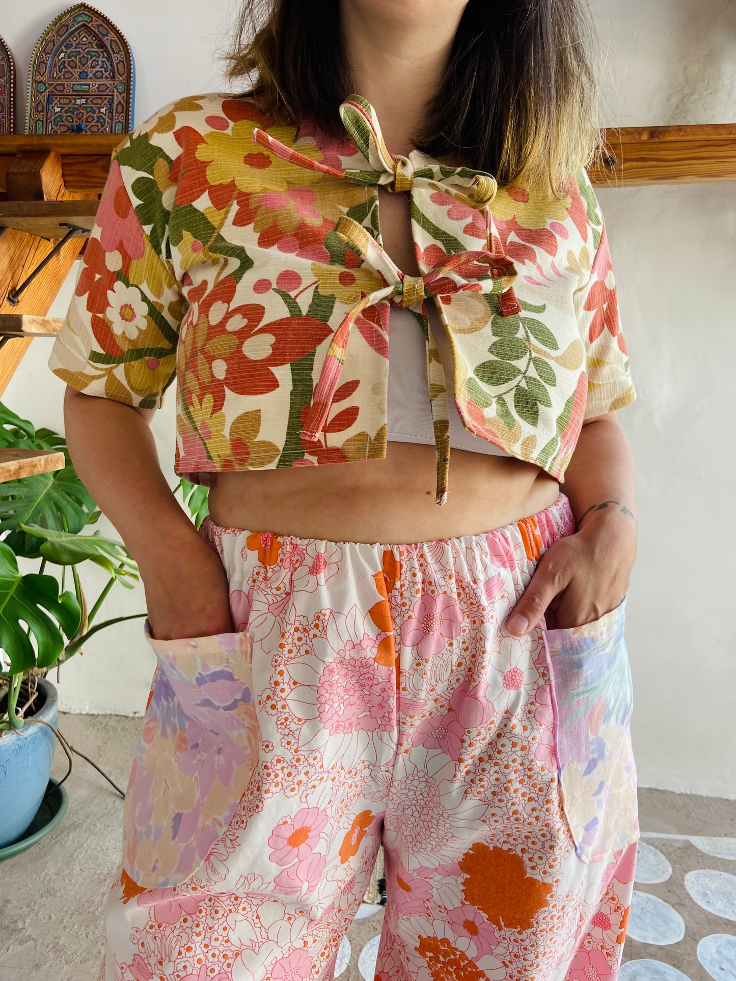 DESERT FOX Pink Patchwork Floral Print Wide Leg Trousers - S/M