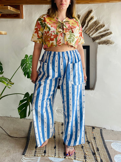 DESERT FOX Blue & White Floral Print Wide Leg Trousers - S/M