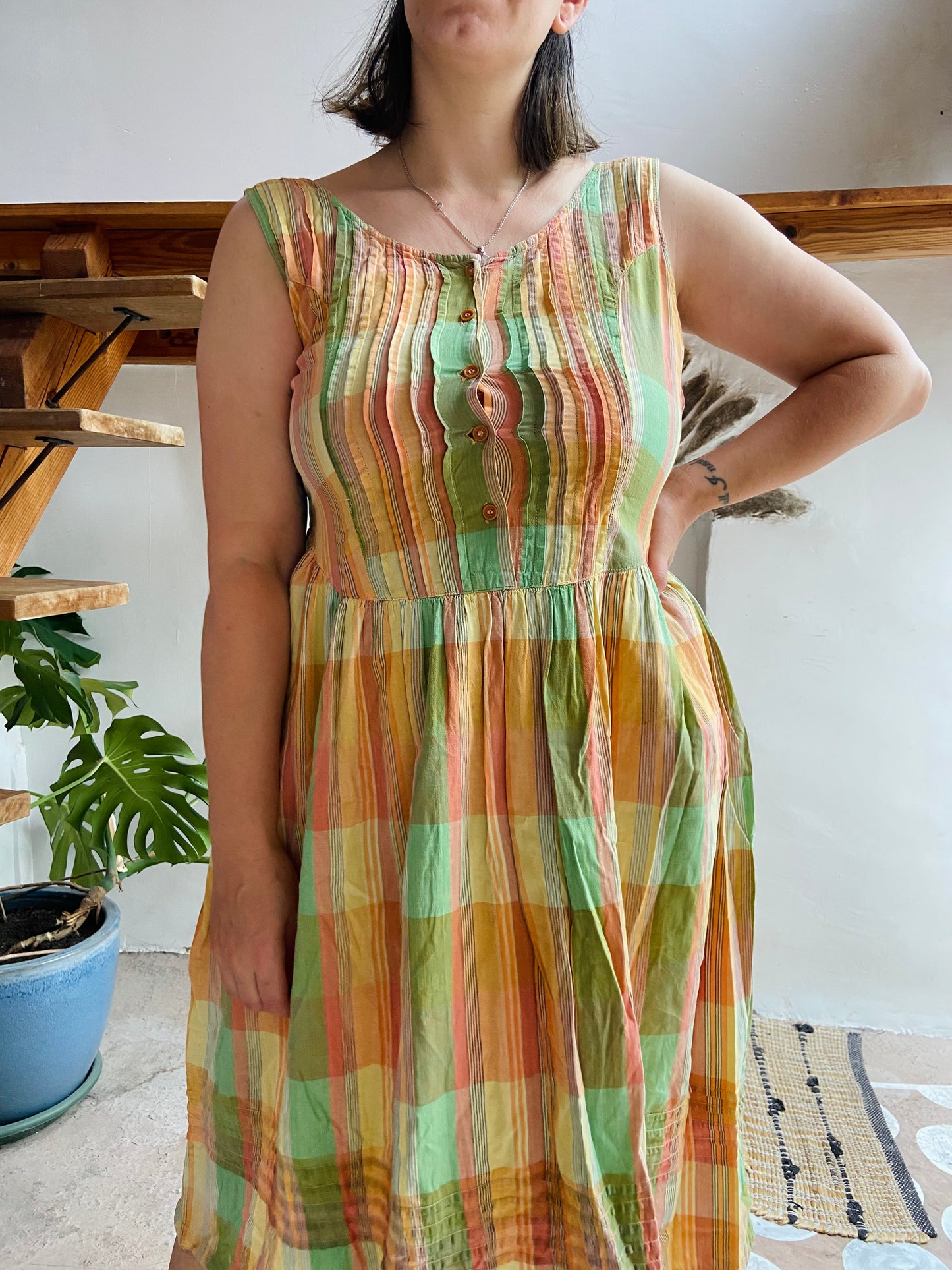 VINTAGE 90's Pastel Checked Midi Dress - M/L