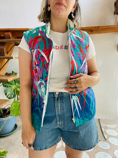 VINTAGE 80’s Bright Bird Print Gilet Jacket - M