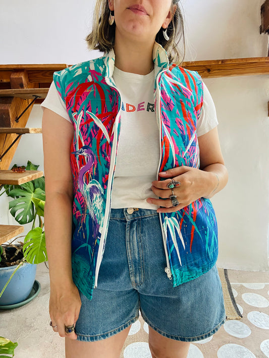 VINTAGE 80’s Bright Bird Print Gilet Jacket - M
