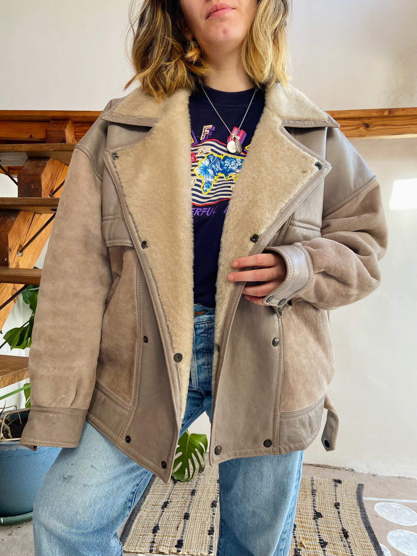 VINTAGE 80’s Sheepskin Grey Oversized Suede Coat Jacket - L/XL