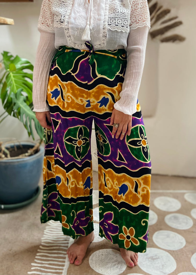 VINTAGE Hippie Bohemian Print Wide Leg Wraparound Trousers - S/M