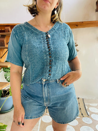 VINTAGE 90’s Blue Embroidered Hippie Short Sleeve Top - S
