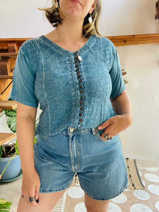 VINTAGE 90’s Blue Embroidered Hippie Short Sleeve Top - S