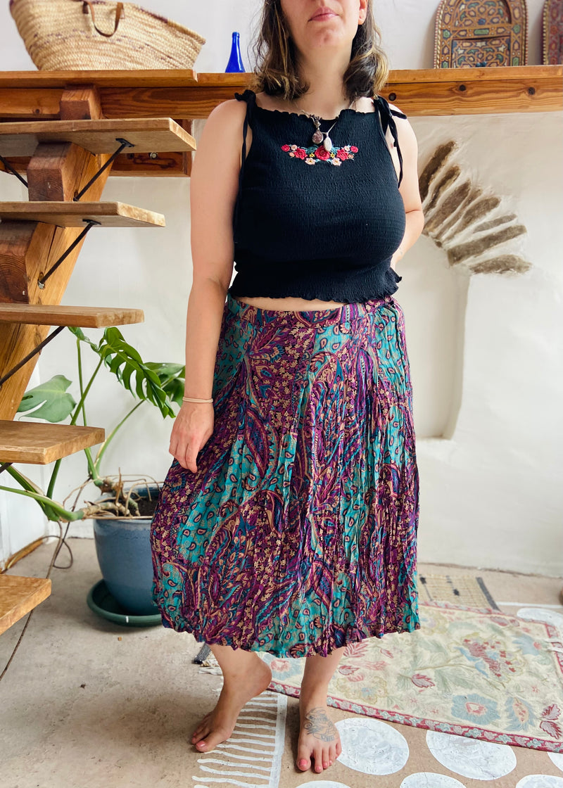 VINTAGE 80’s Purple & Blue Paisley Midi Skirt - XL